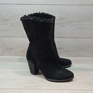 Ugg Australia Women's High Top Black Suede Heels Sheepskin Boots Sz 7